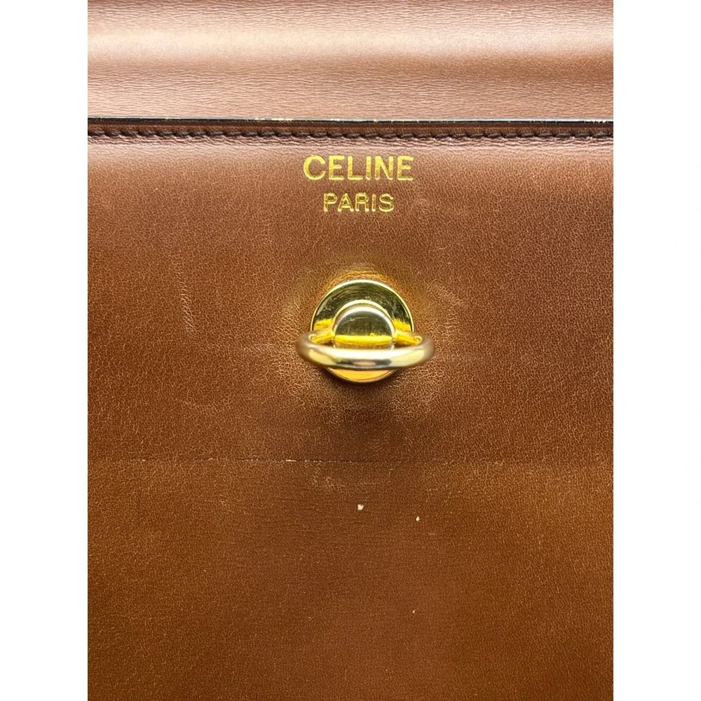 Celine Vintage Tan Leather Top Handle Bag Gold Hardware Made in France Brown